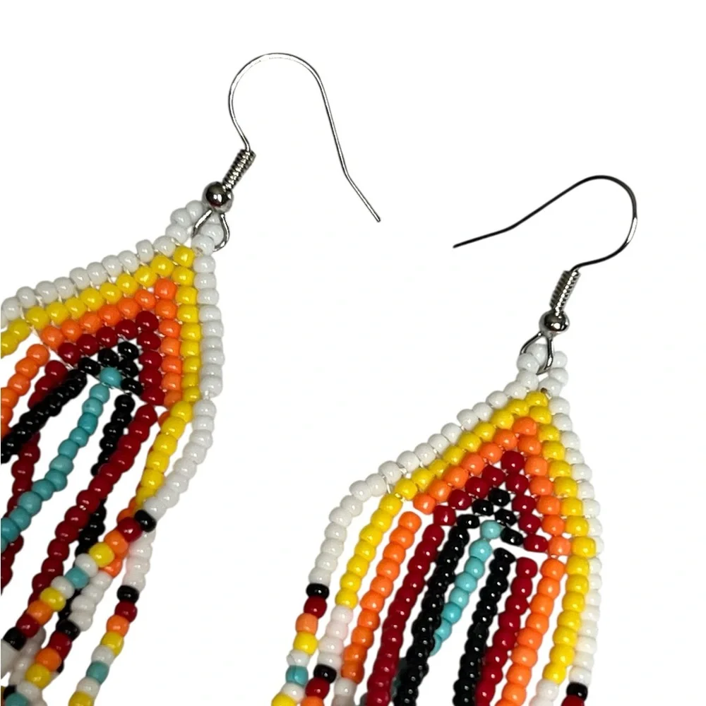 White Beaded Colorful Seed Bead Long Dangle Pierced Earrings Native Southwestern - Picture 2 of 5